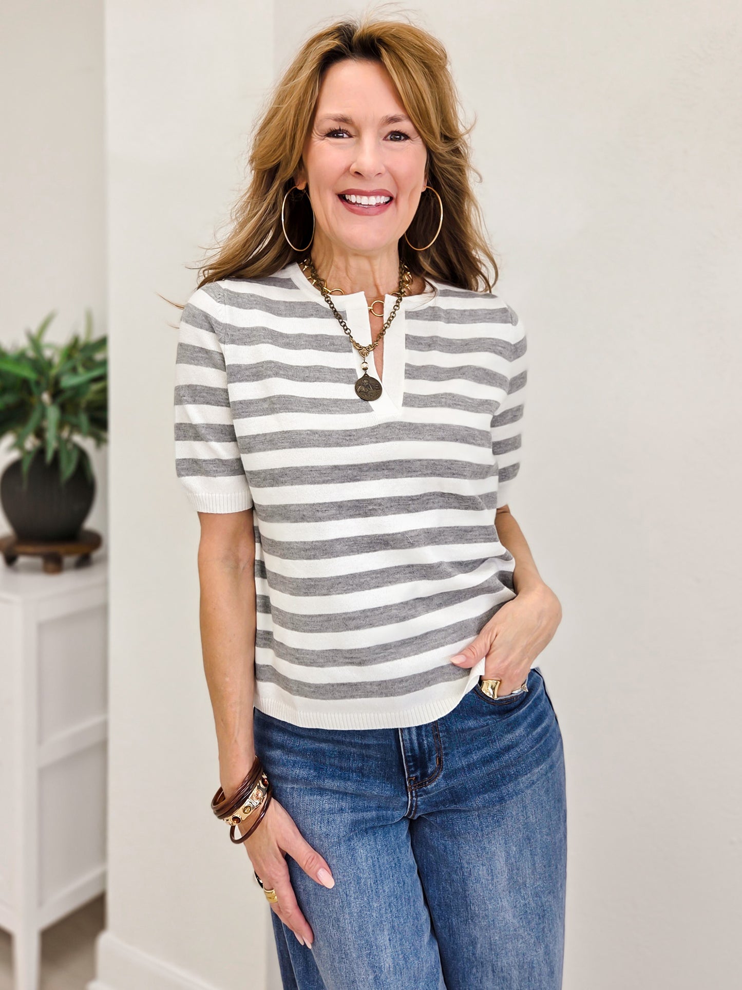 Split Neck Striped Short Sleeve Sweater Top