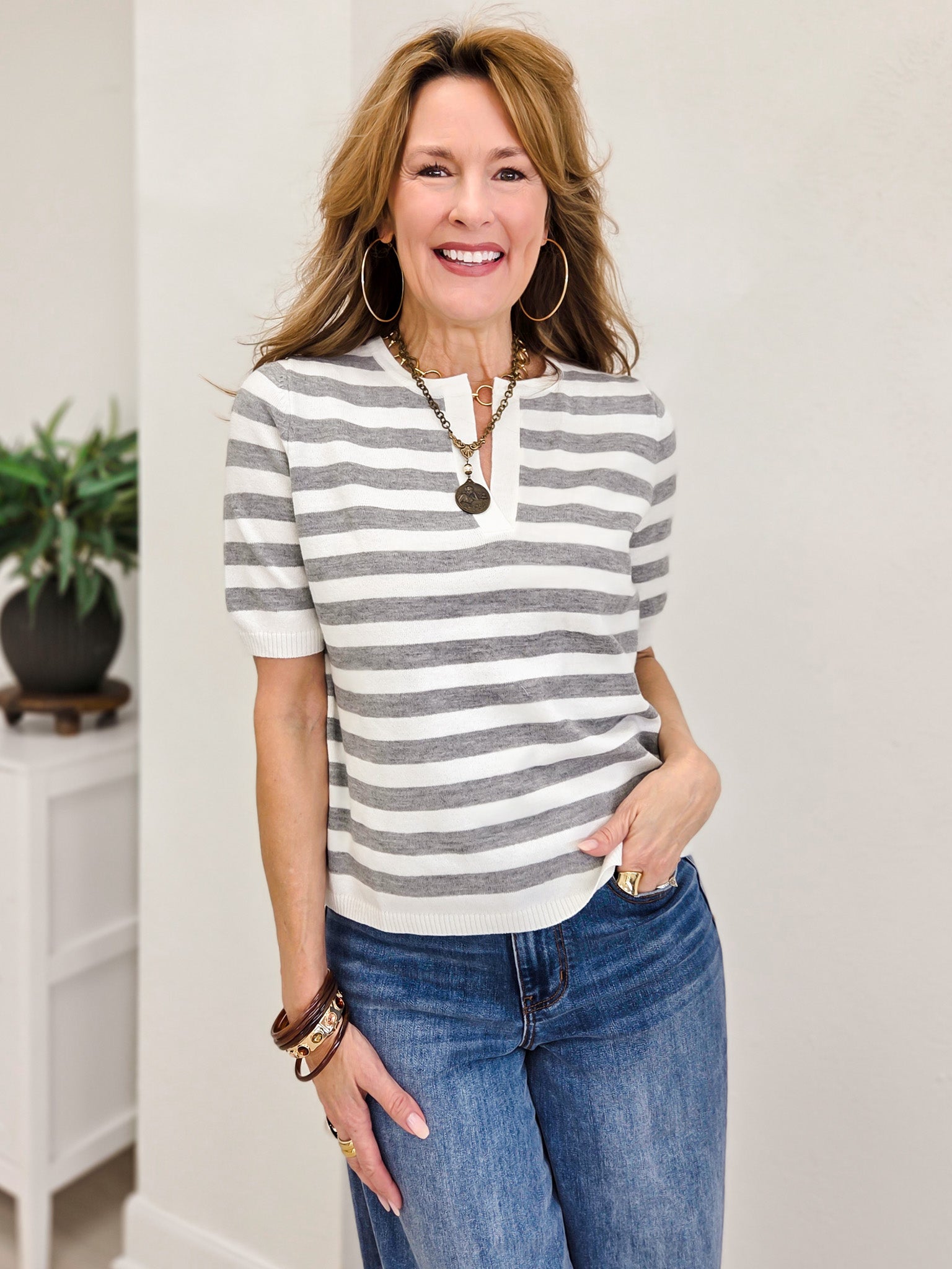 Split Neck Striped Short Sleeve Sweater Top