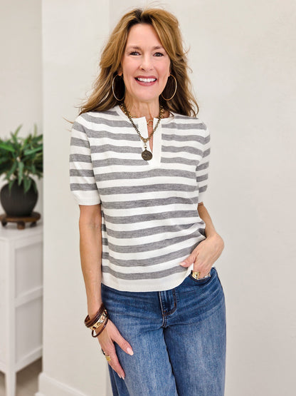Split Neck Striped Short Sleeve Sweater Top