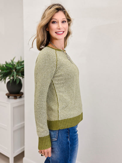 Color Trimmed Pinstriped Sweater-Matcha Green