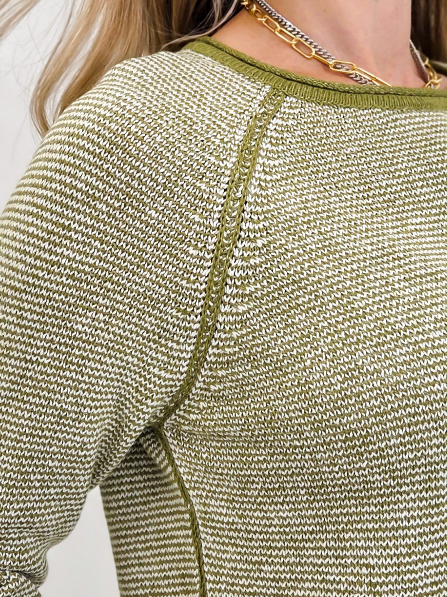 Color Trimmed Pinstriped Sweater-Matcha Green