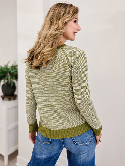 Color Trimmed Pinstriped Sweater-Matcha Green