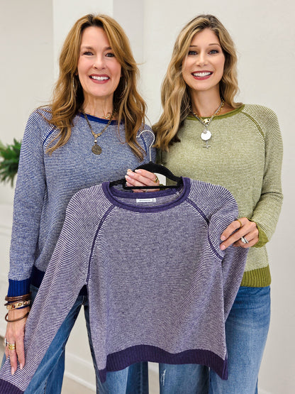 Color Trimmed Pinstriped Sweater- Eggplant