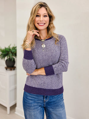 Color Trimmed Pinstriped Sweater- Eggplant