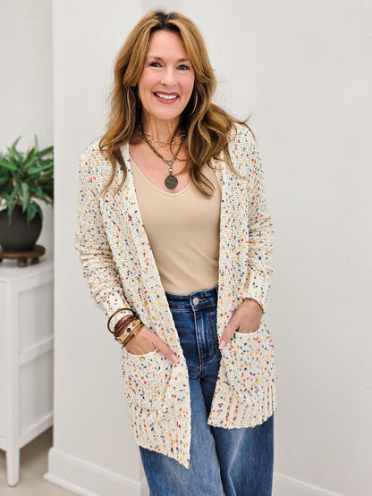Popcorn Long Sleeve Open Front Cardigan With Pockets