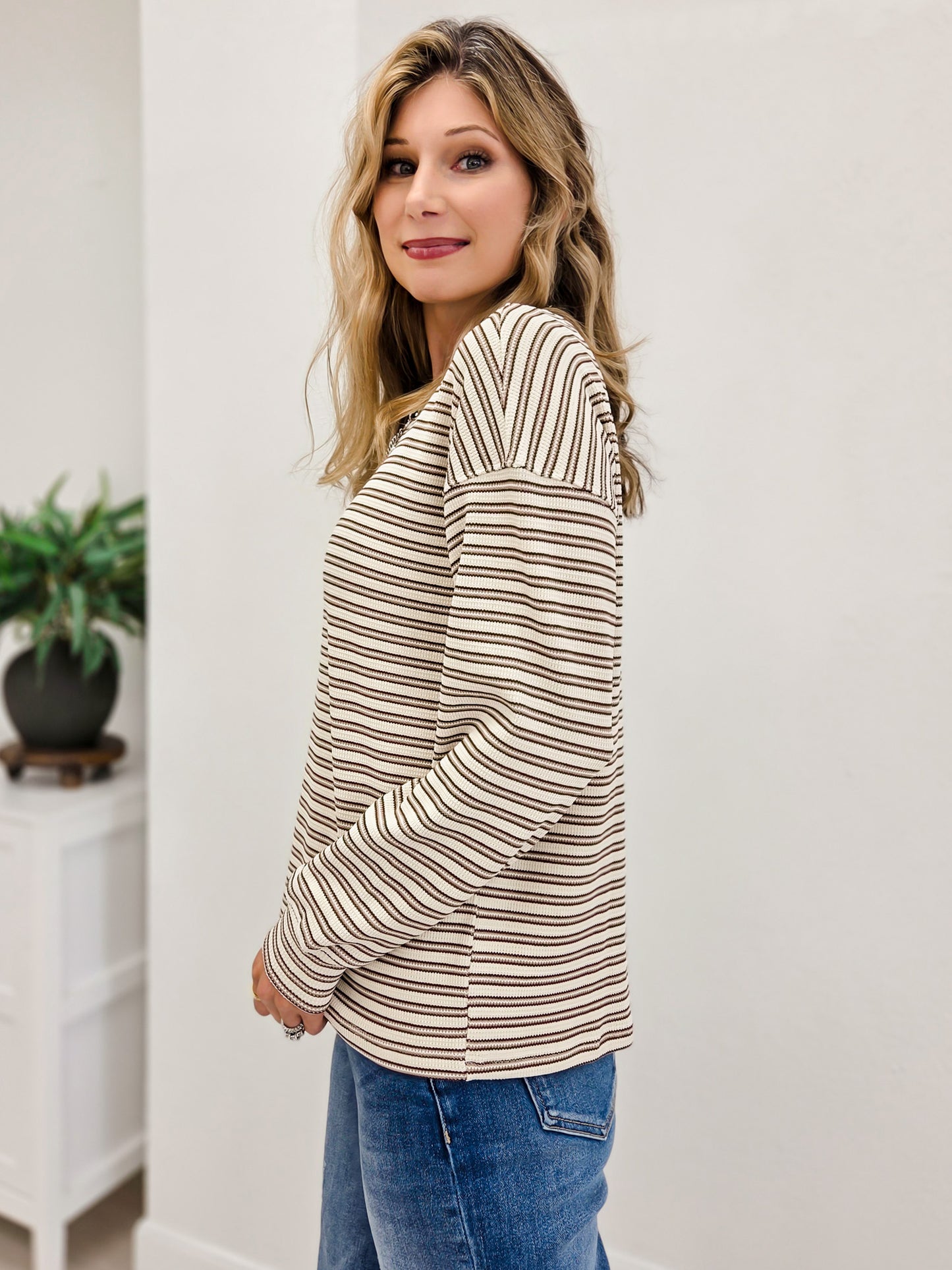 Crew Neck Drop Shoulder Novelty Stripe Long Sleeve Shirt