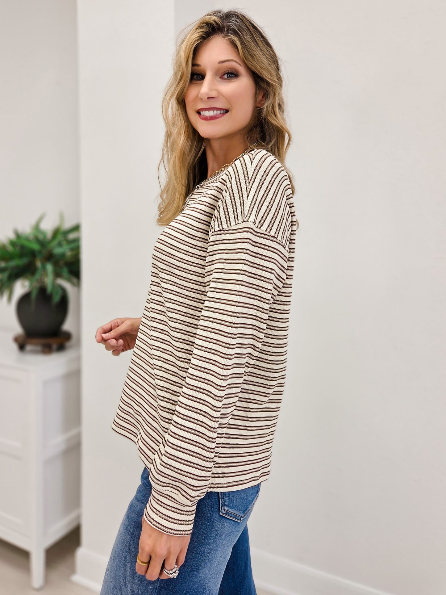 Crew Neck Drop Shoulder Novelty Stripe Long Sleeve Shirt