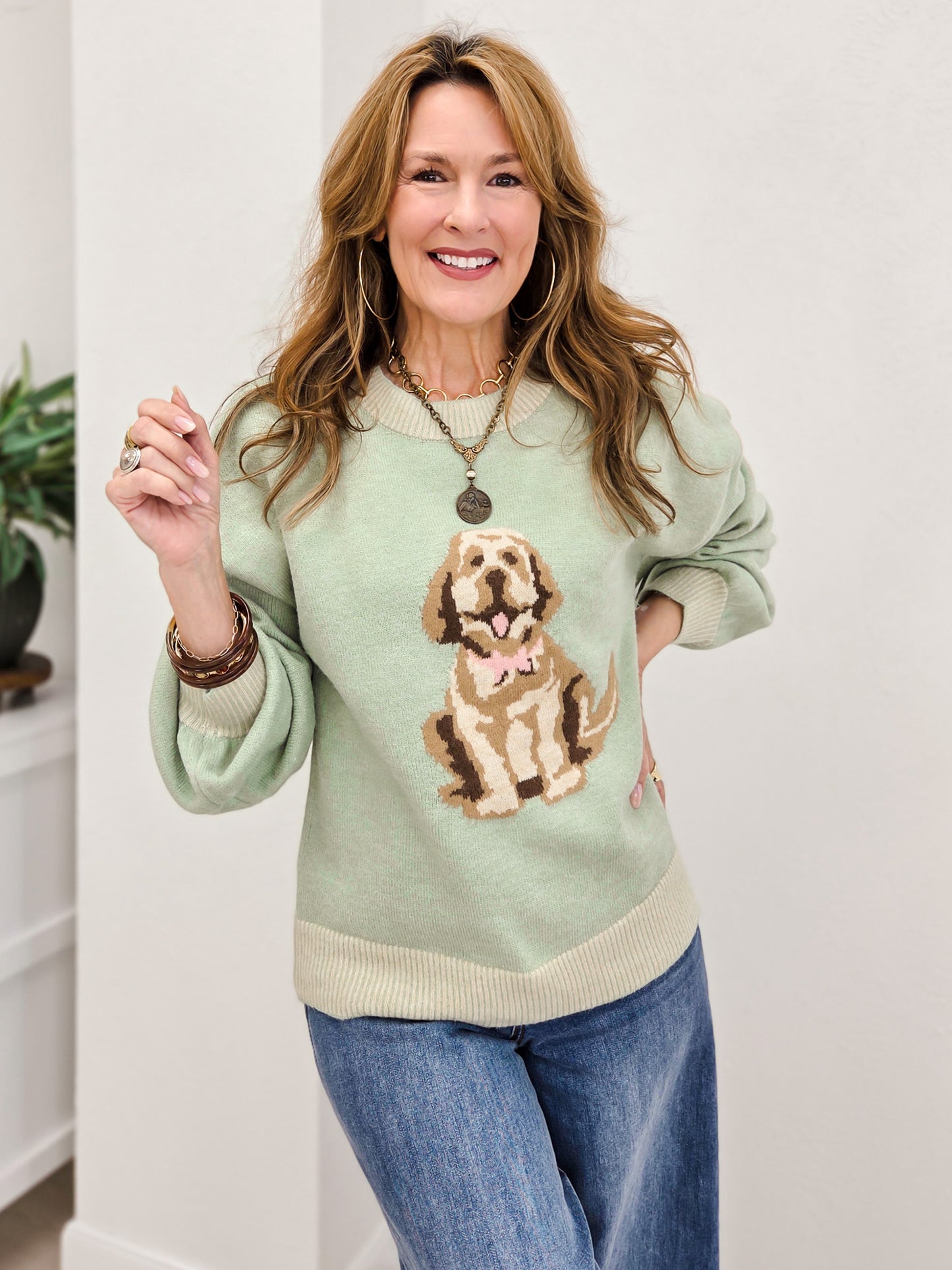 Cute Dog Intarsia Knit Sweater-Sage