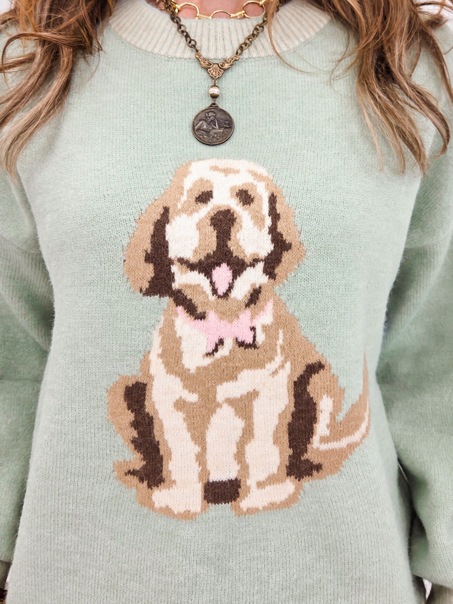 Cute Dog Intarsia Knit Sweater-Sage