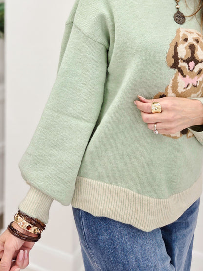 Cute Dog Intarsia Knit Sweater-Sage