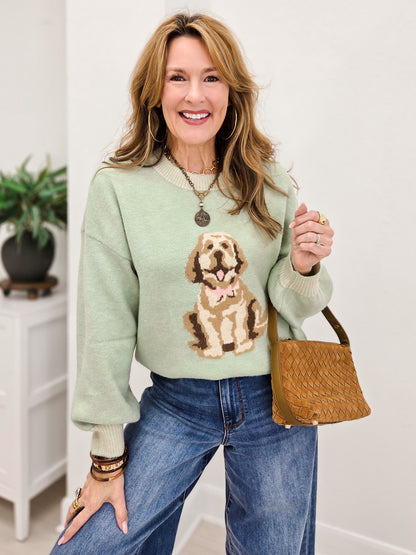 Cute Dog Intarsia Knit Sweater-Sage