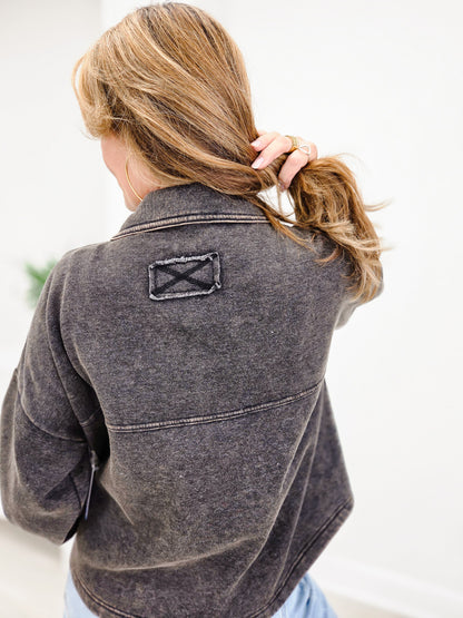 Acid Washed Fleece Front Pocket Cropped Shacket
