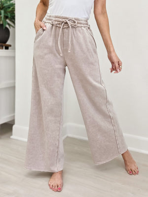 Acid Wash Fleece Palazzo Sweatpants With Pockets - Ash Mocha