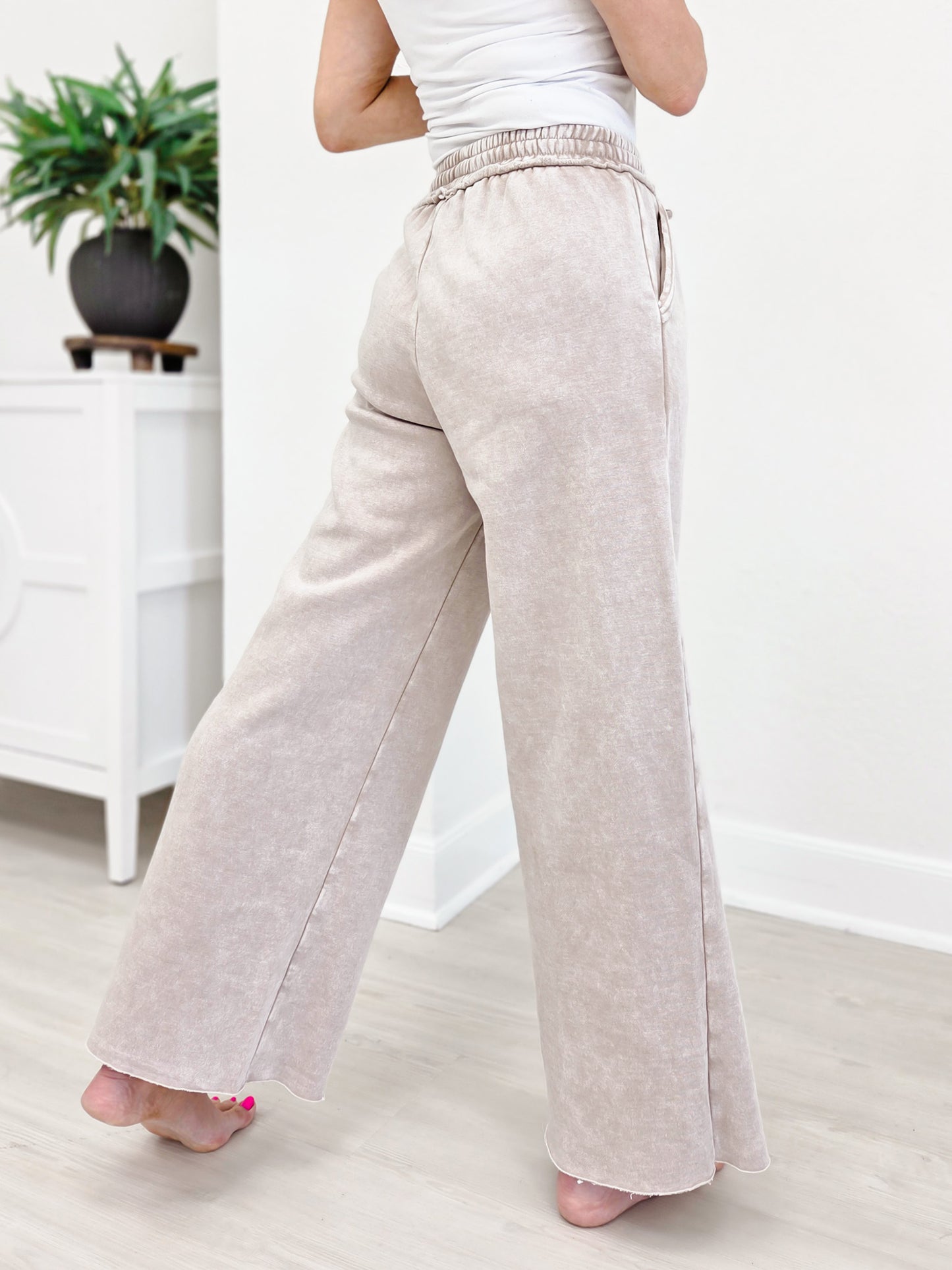 Acid Wash Fleece Palazzo Sweatpants With Pockets - Ash Mocha