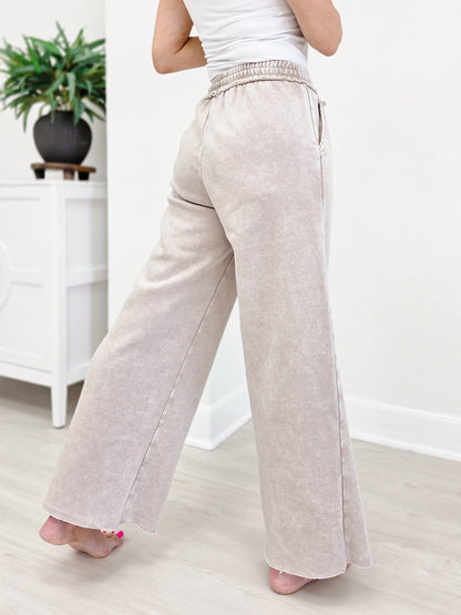 Acid Wash Fleece Palazzo Sweatpants With Pockets - Ash Mocha