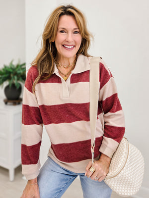 Brushed Striped Hacci Collared Sweater-Burgundy