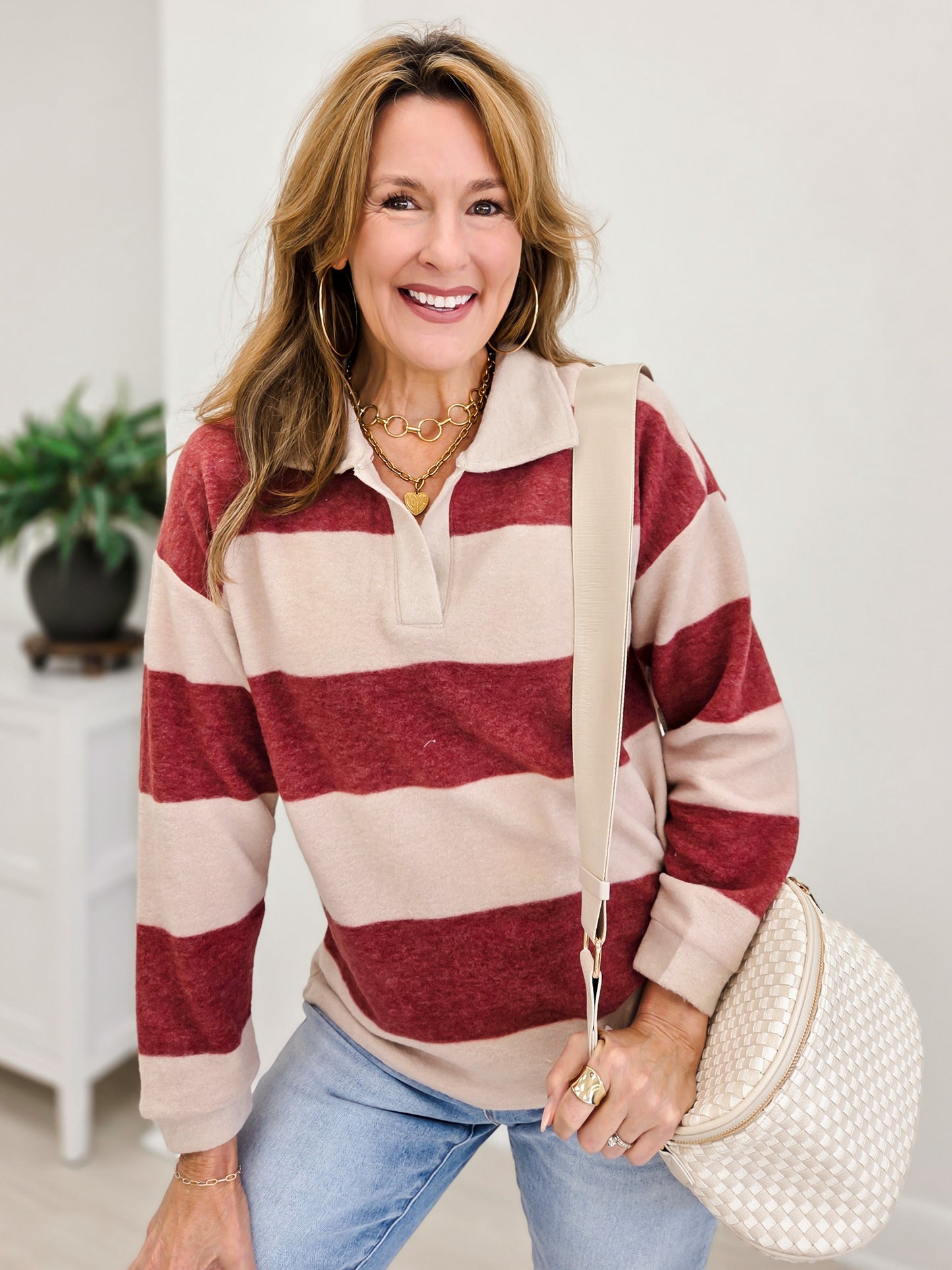 Brushed Striped Hacci Collared Sweater-Burgundy