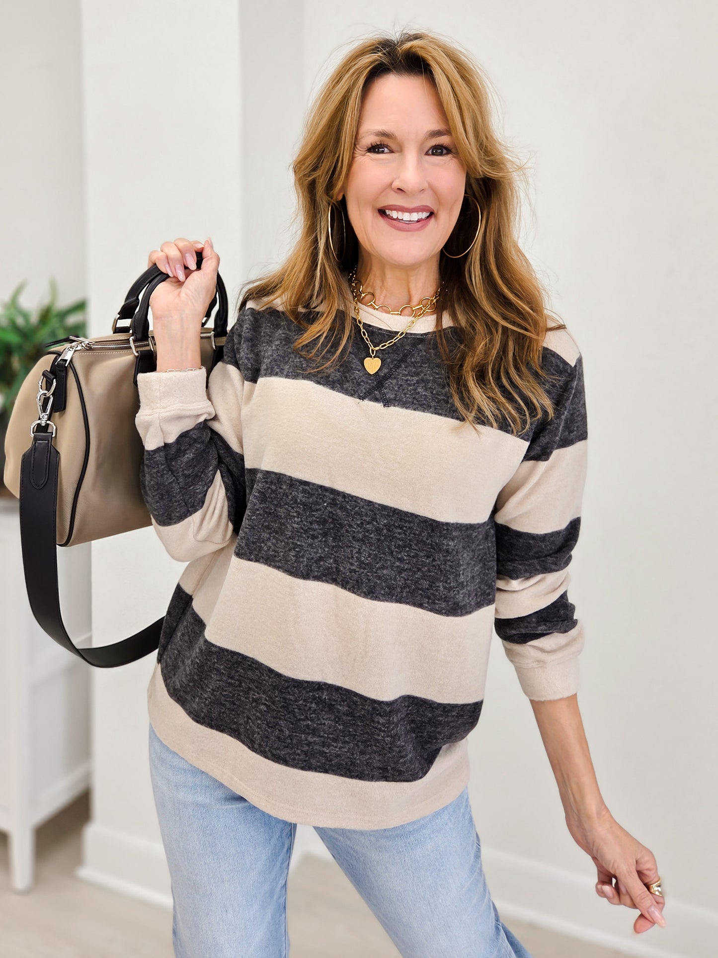 Brushed Striped Hacci Sweater-Black