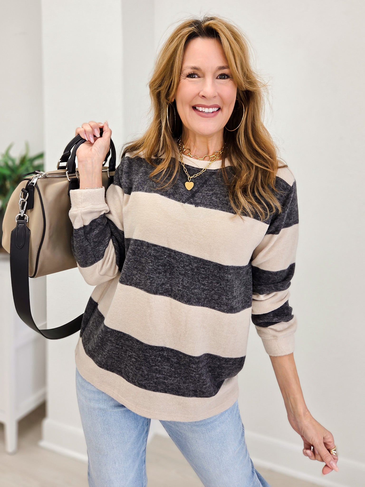 Brushed Striped Hacci Sweater-Black