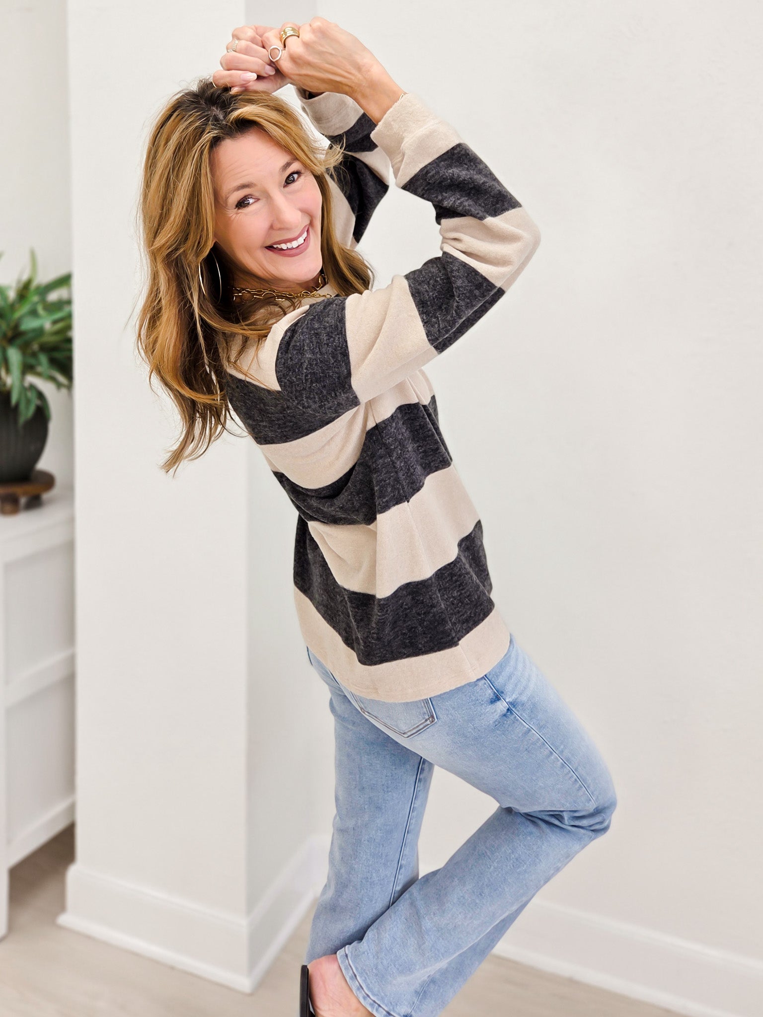 Brushed Striped Hacci Sweater-Black