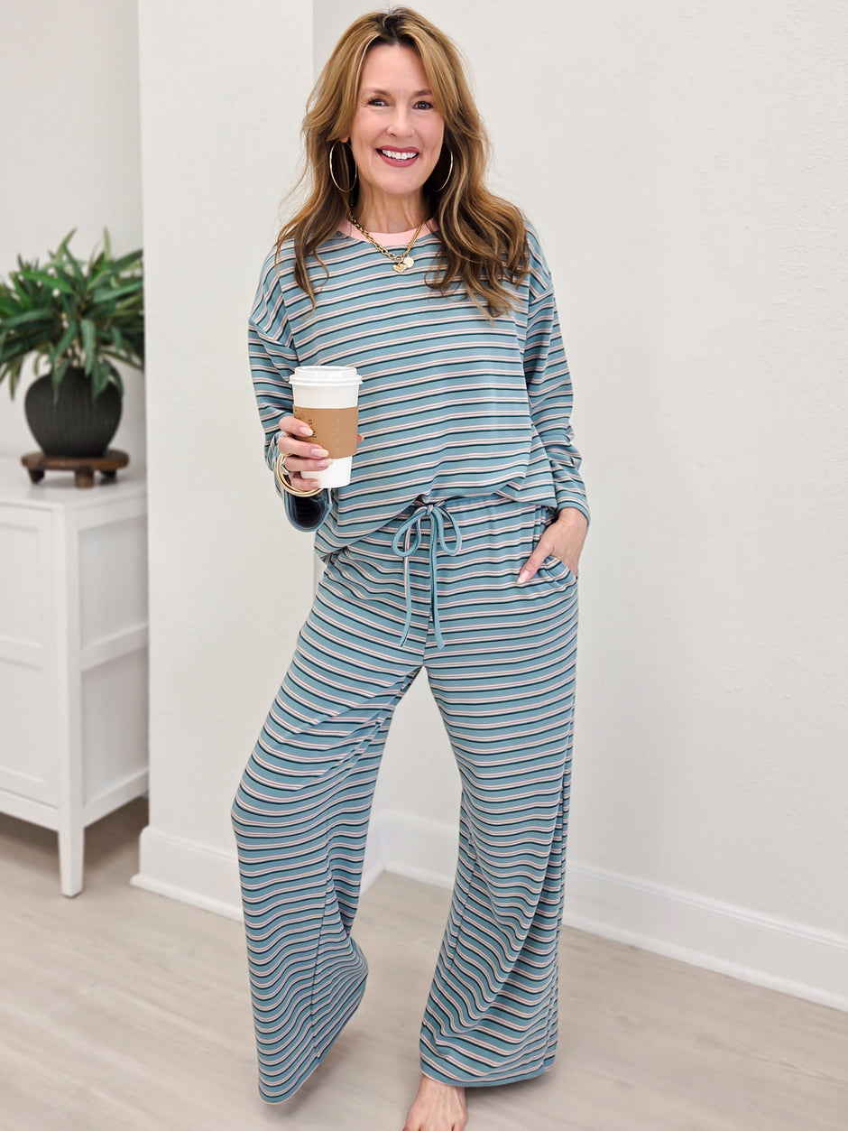 Brushed Stripe Jersey Tee And Drawstring Waist Pants Set