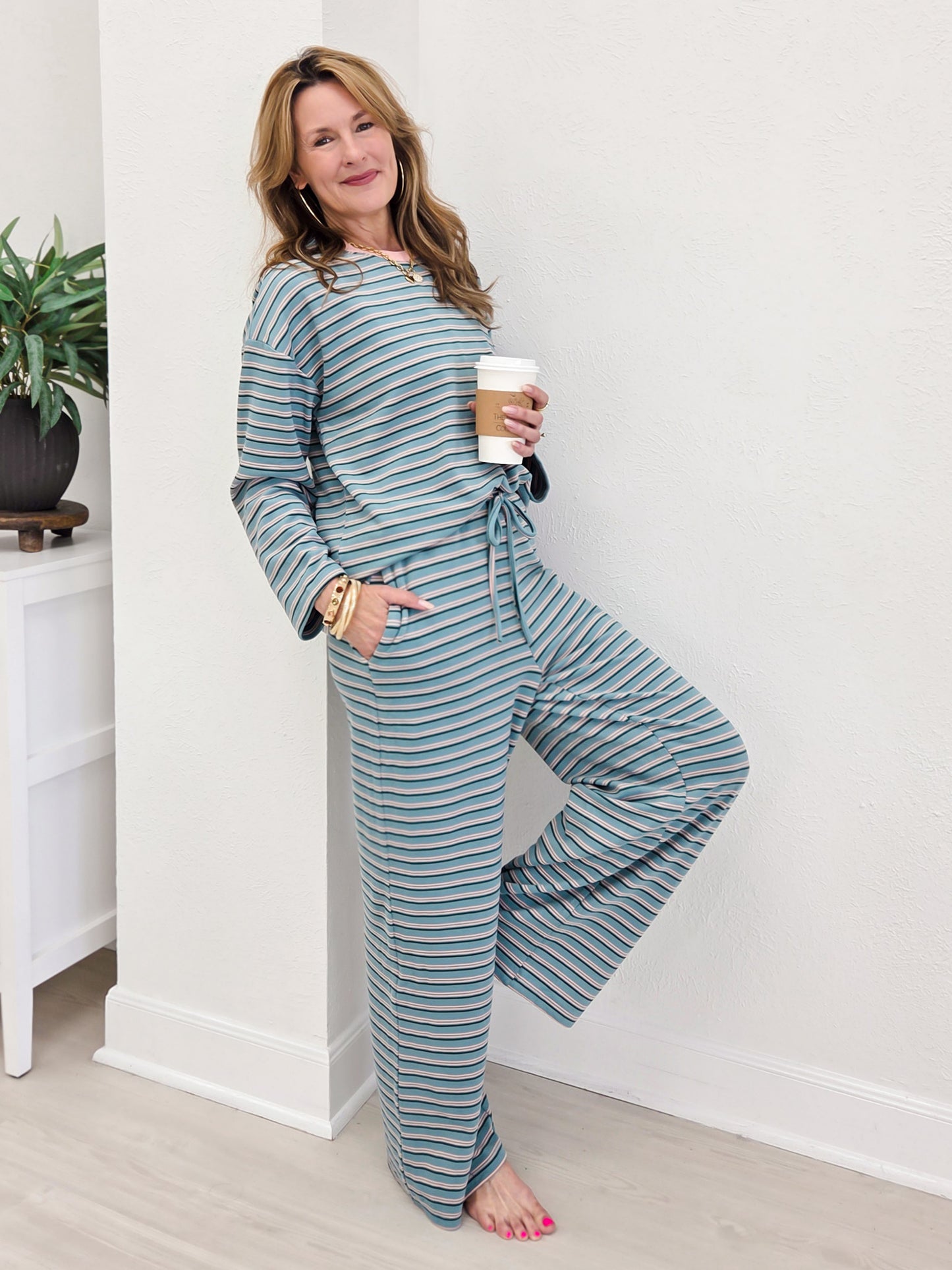 Brushed Stripe Jersey Tee And Drawstring Waist Pants Set
