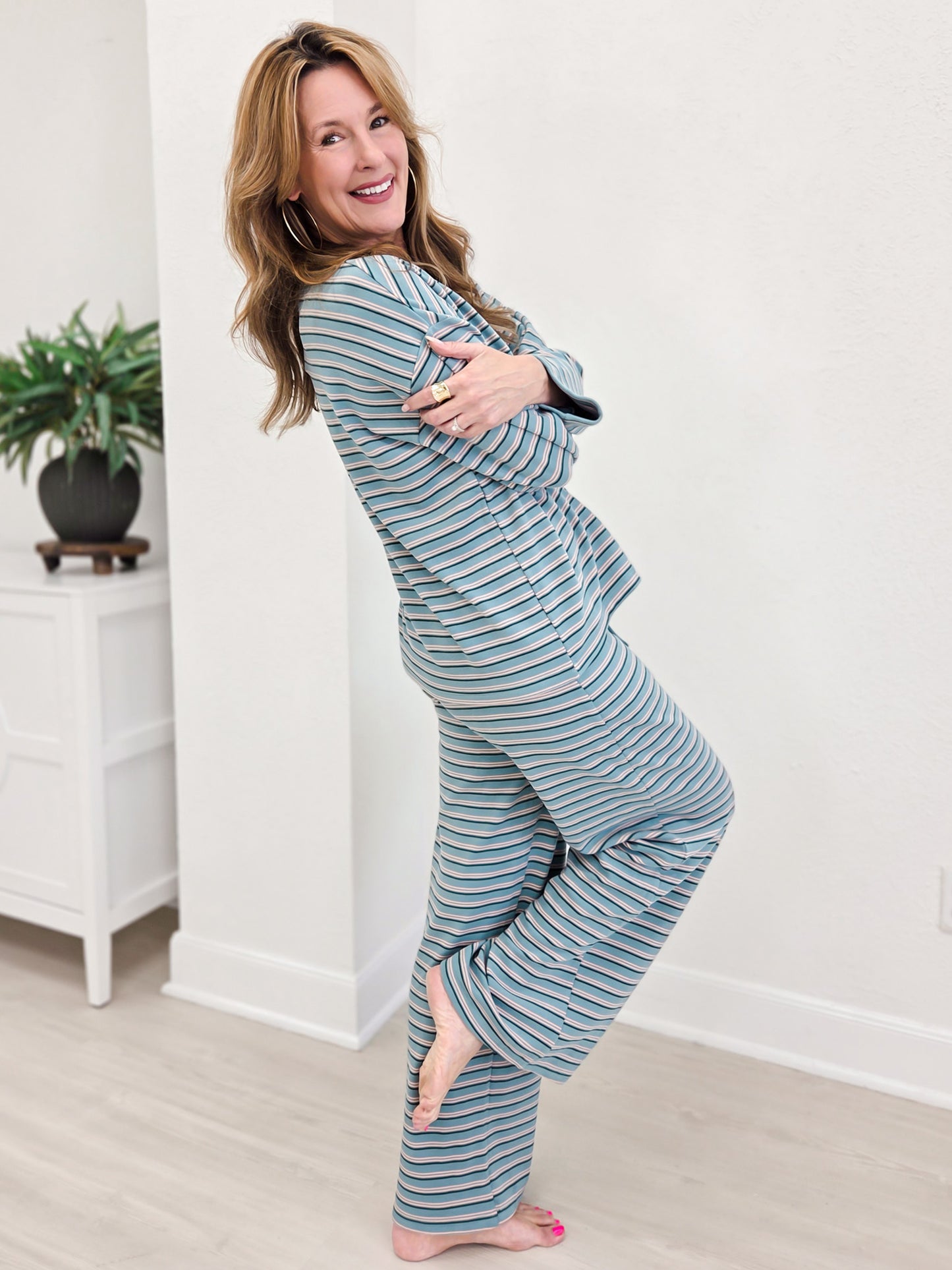 Brushed Stripe Jersey Tee And Drawstring Waist Pants Set
