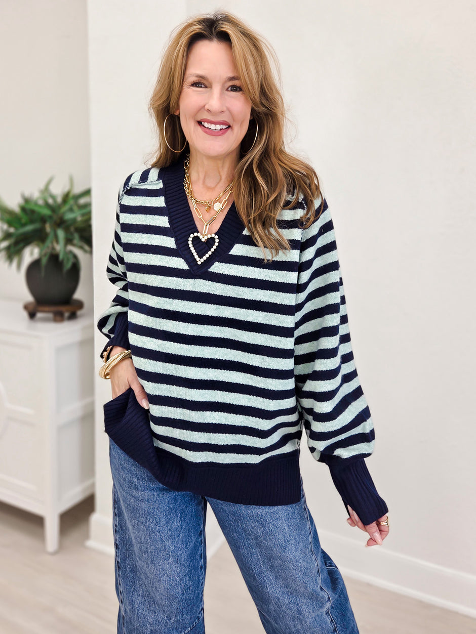 Striped Cozy Cashmere V-neck Sweater