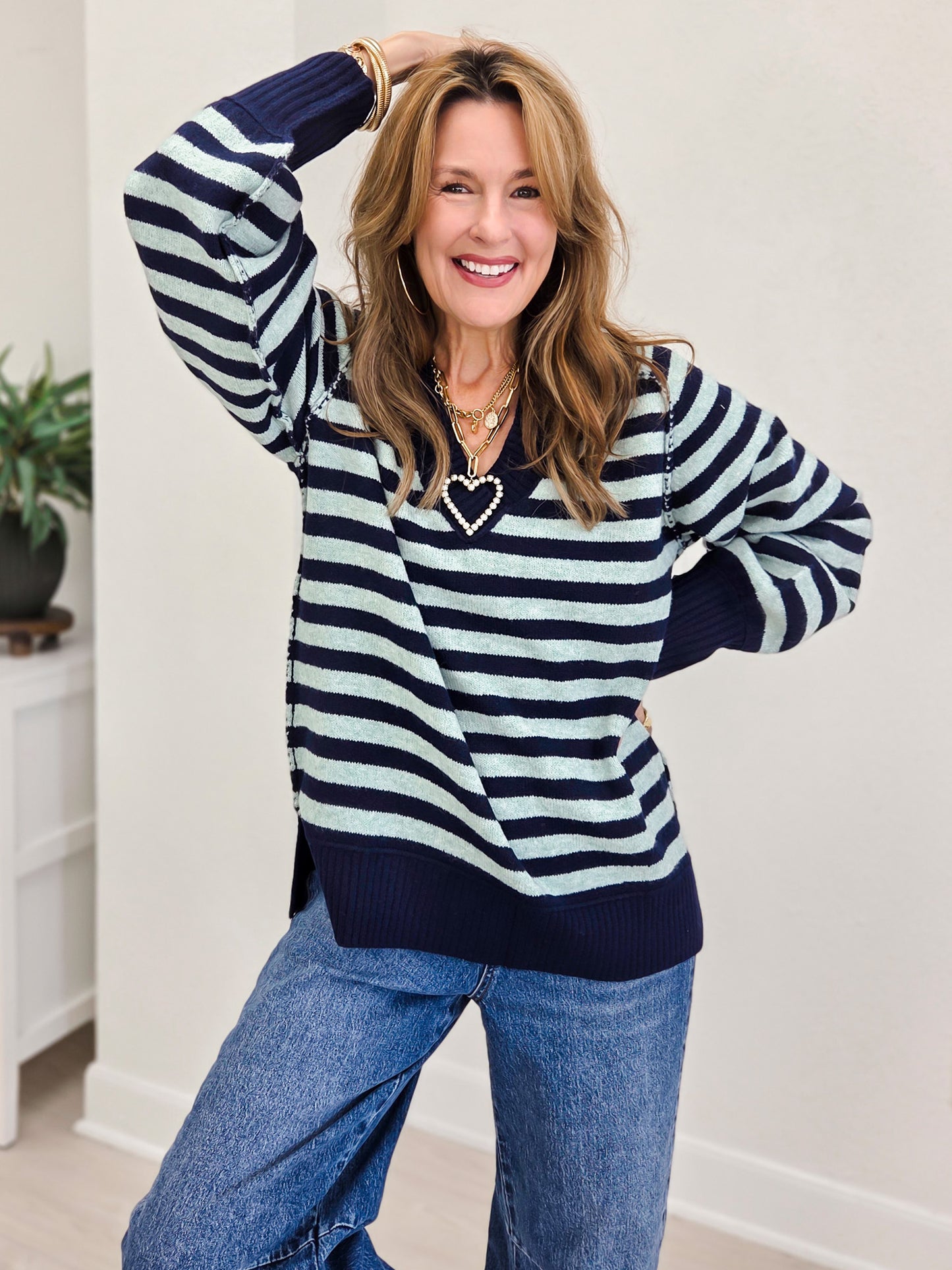Striped Cozy Cashmere V-neck Sweater