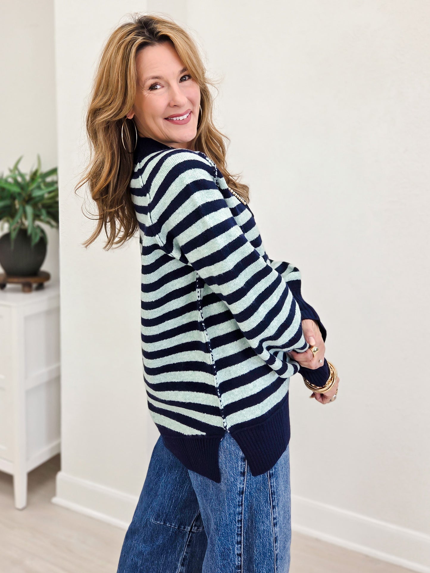 Striped Cozy Cashmere V-neck Sweater