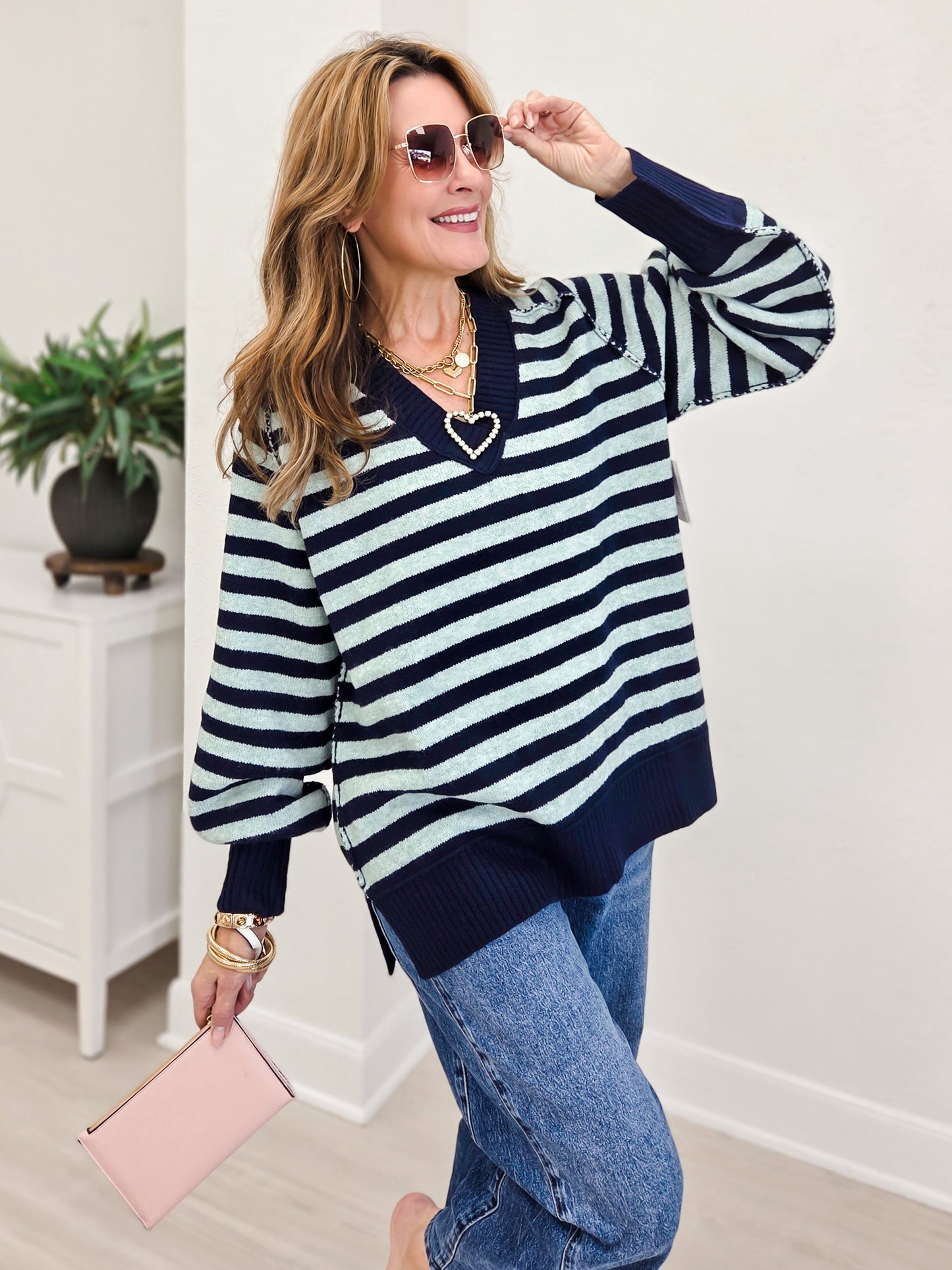Striped Cozy Cashmere V-neck Sweater