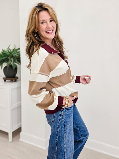 Eyelet Contrast Collar Stripe Top
