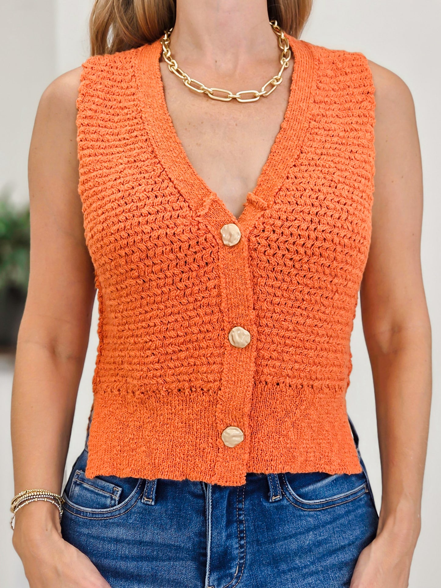 Relaxed Fit V-Neck Textured Knit Button Up Vest