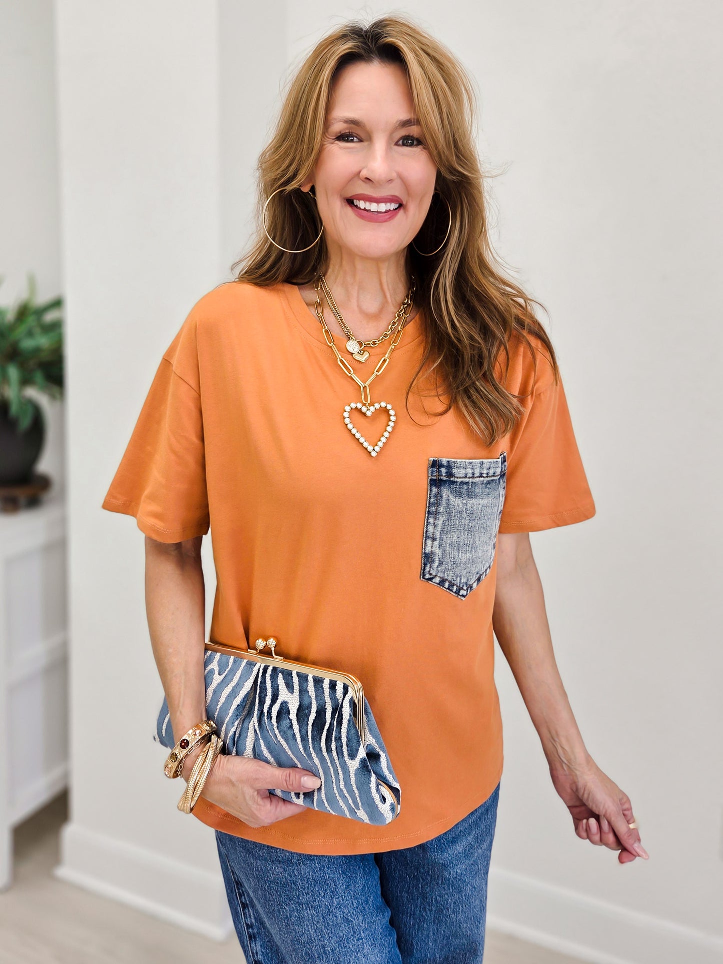 Crewneck Pocket Oversized 1/2 Sleeve Top