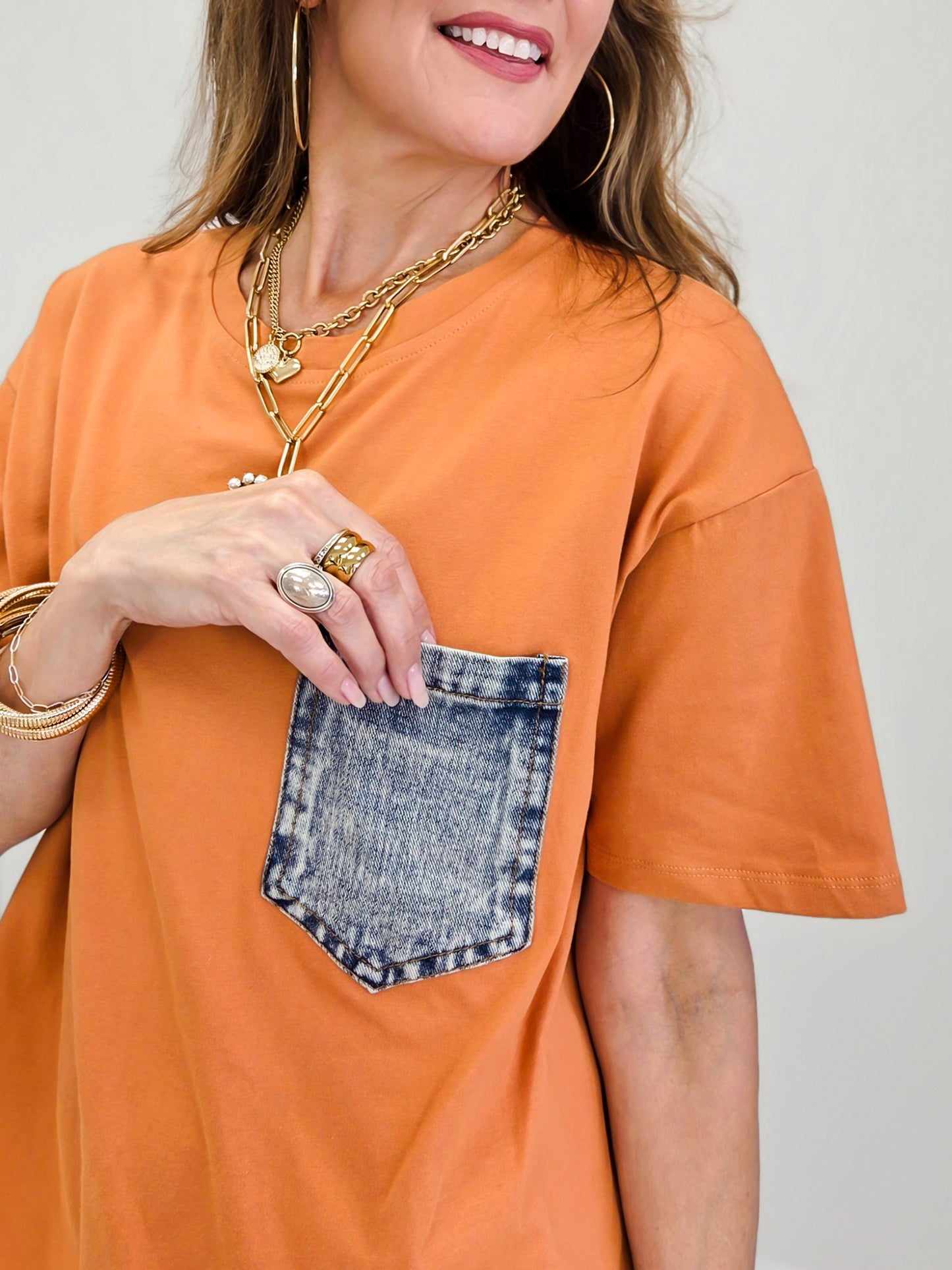 Crewneck Pocket Oversized 1/2 Sleeve Top