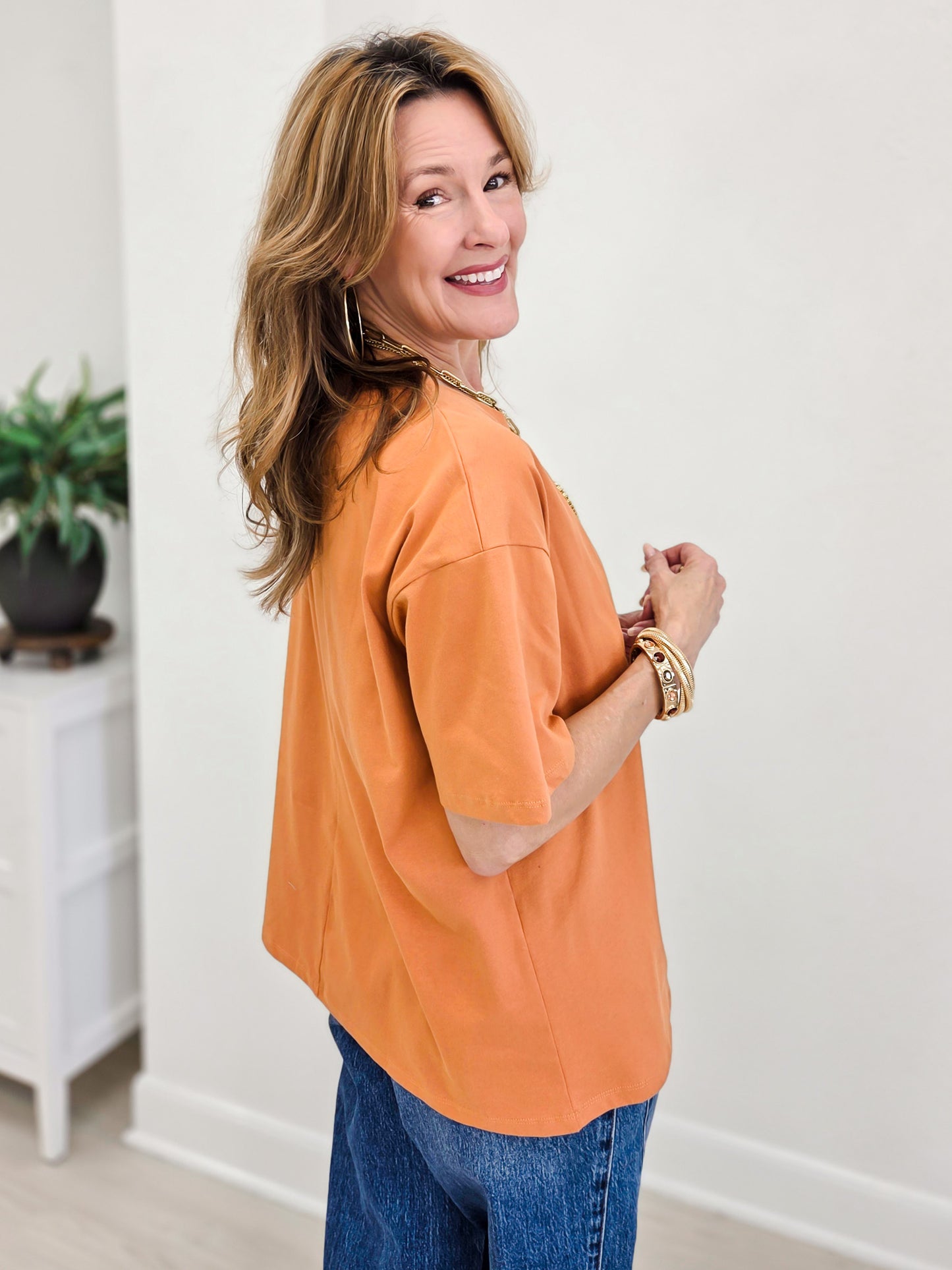 Crewneck Pocket Oversized 1/2 Sleeve Top