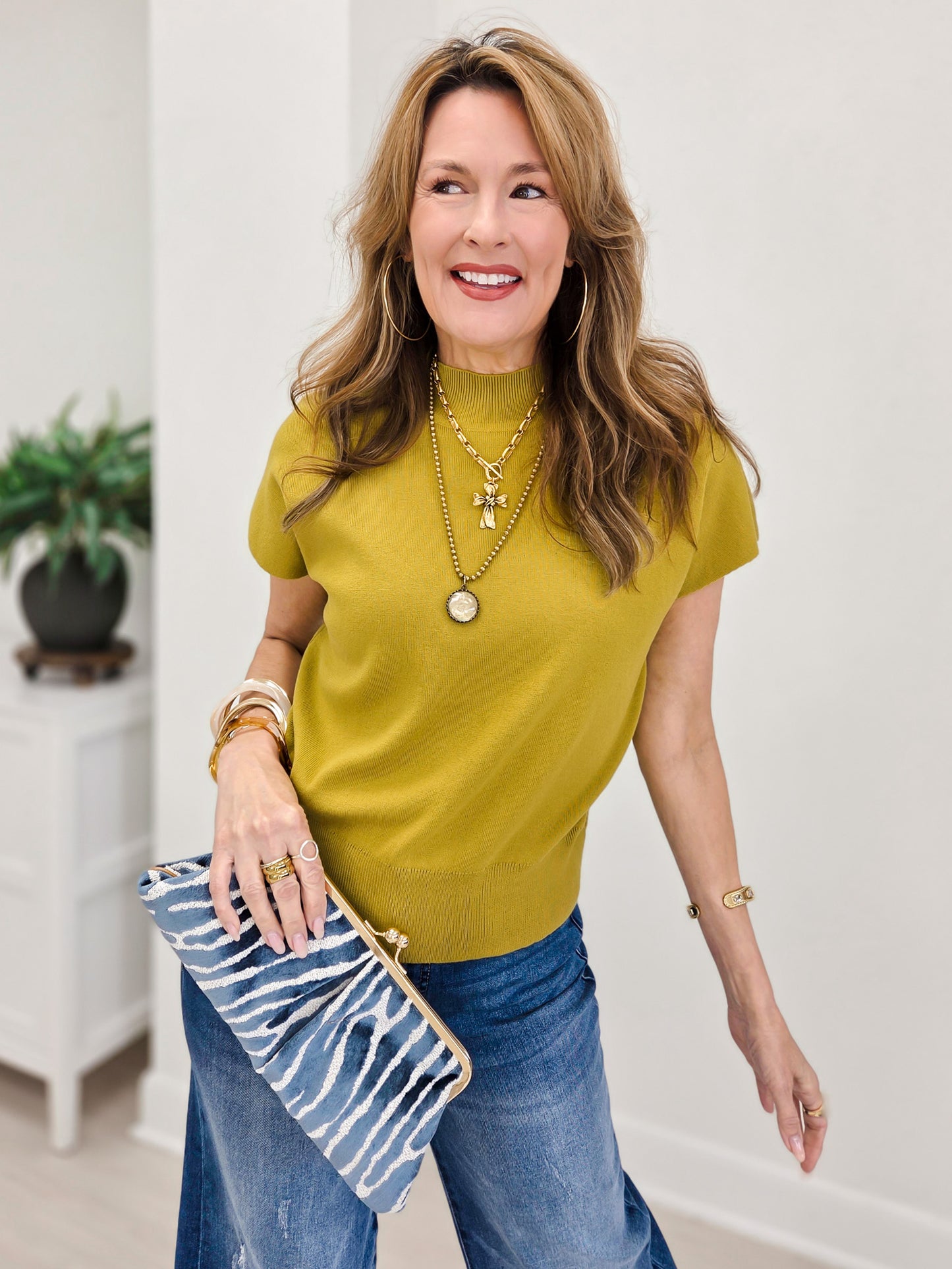 Relaxed Fit Mock Neck Cap Sleeves Top