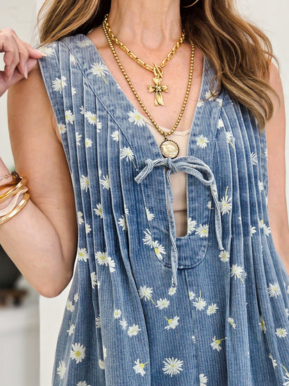 Sleeveless Floral Daisy Denim Romper