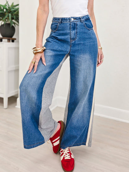 Wide Leg Mixed Fabrics Full Length Jean