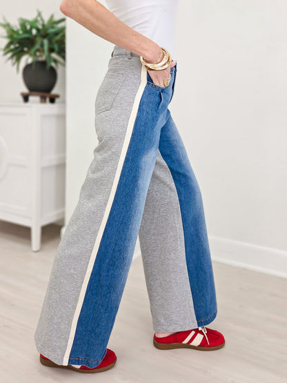Wide Leg Mixed Fabrics Full Length Jean