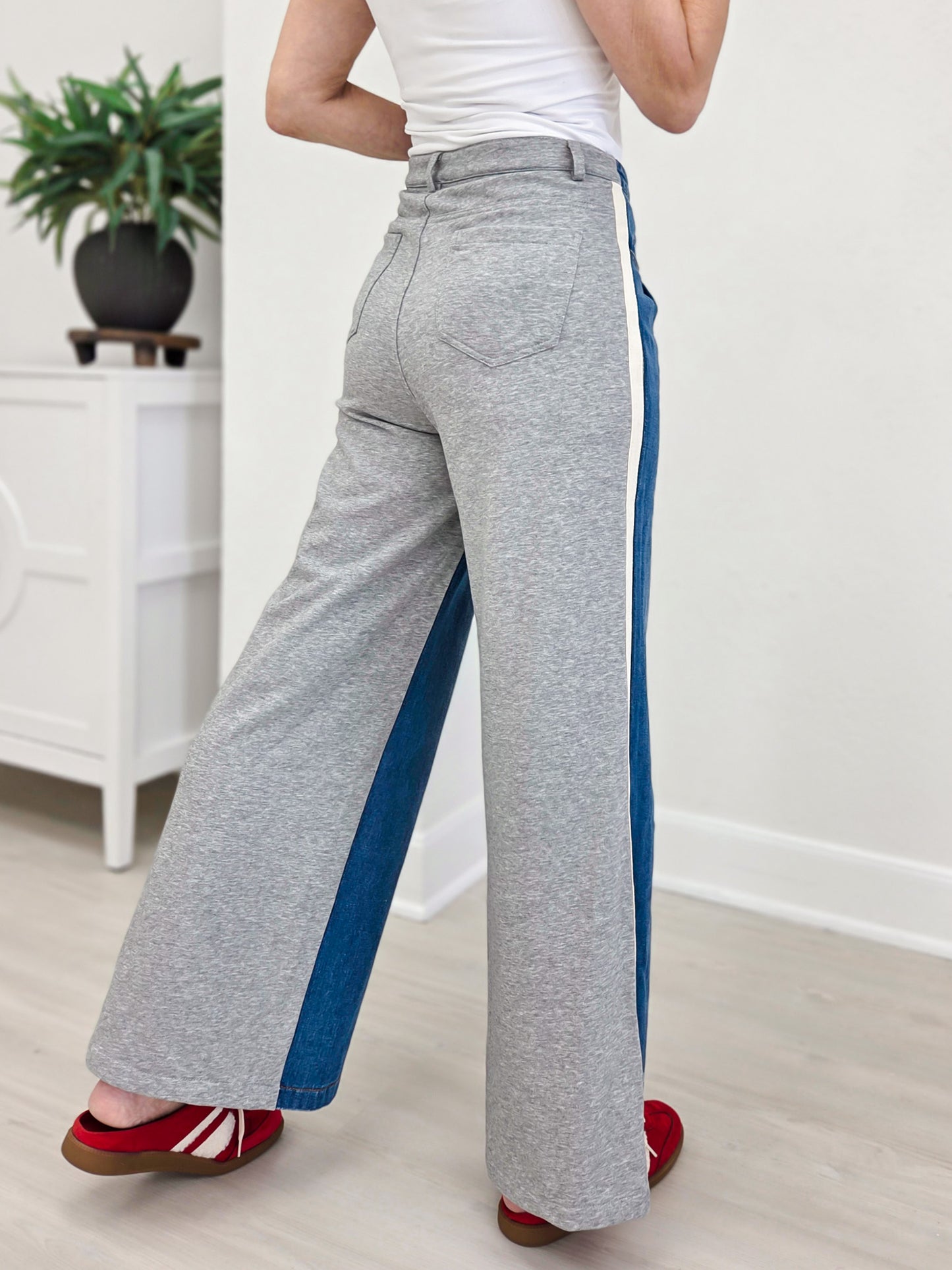 Wide Leg Mixed Fabrics Full Length Jean