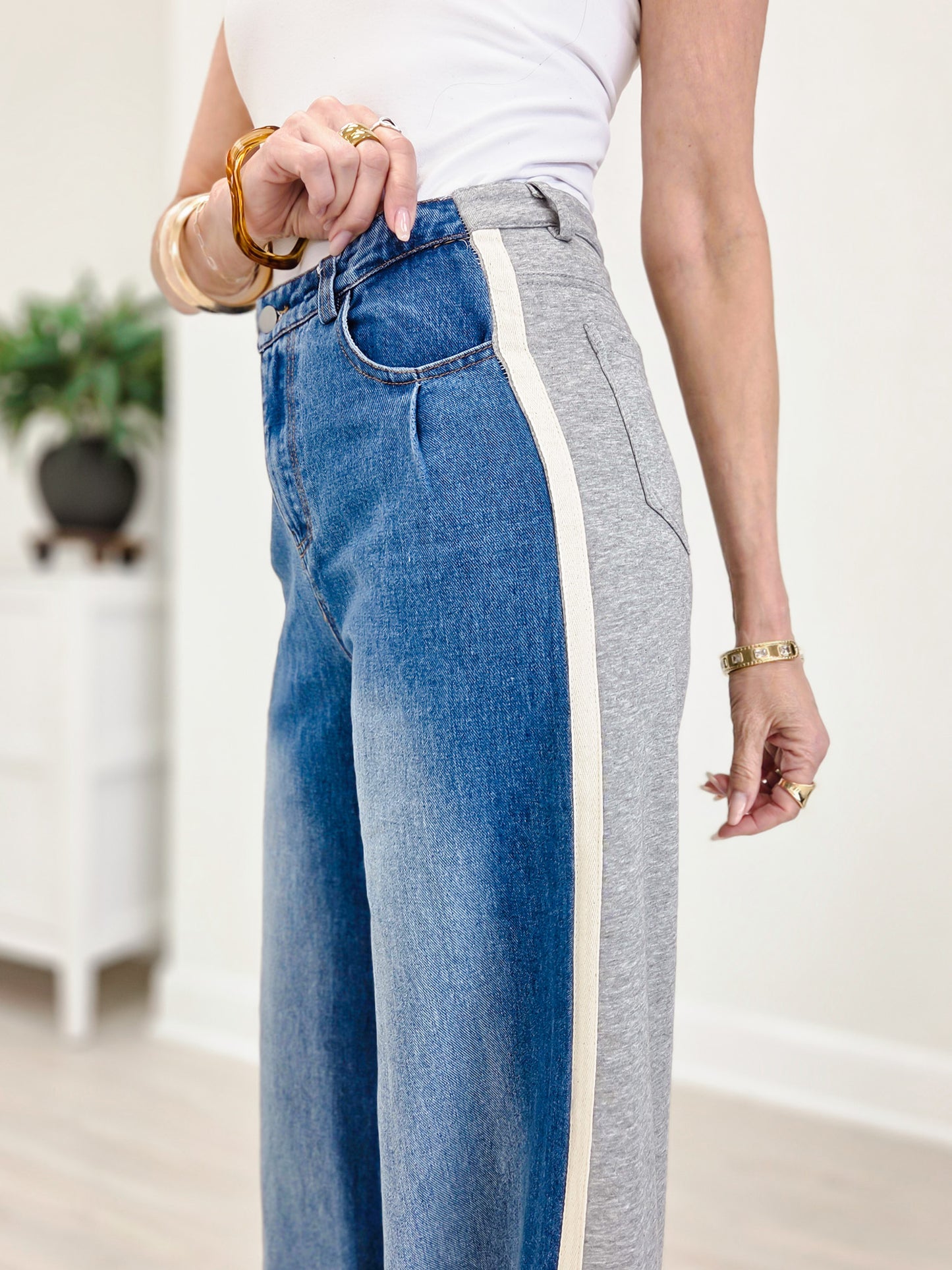 Wide Leg Mixed Fabrics Full Length Jean