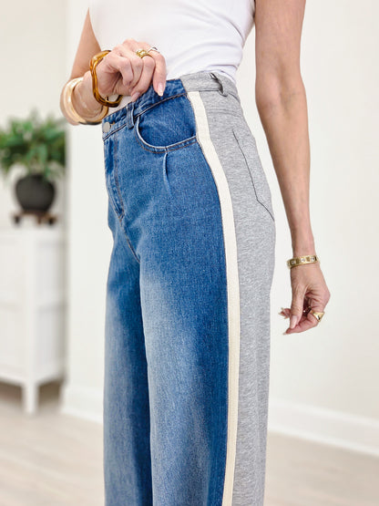 Wide Leg Mixed Fabrics Full Length Jean