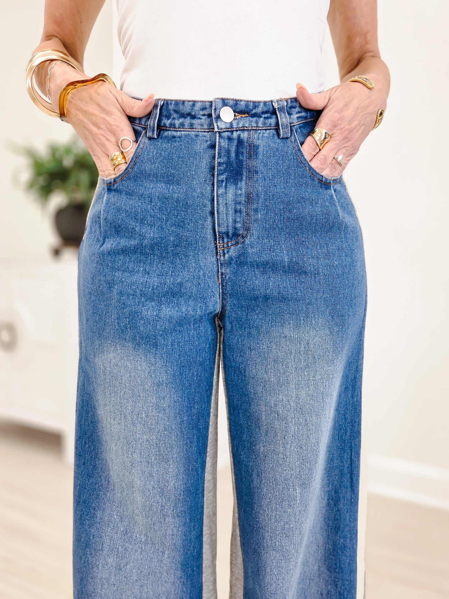 Wide Leg Mixed Fabrics Full Length Jean