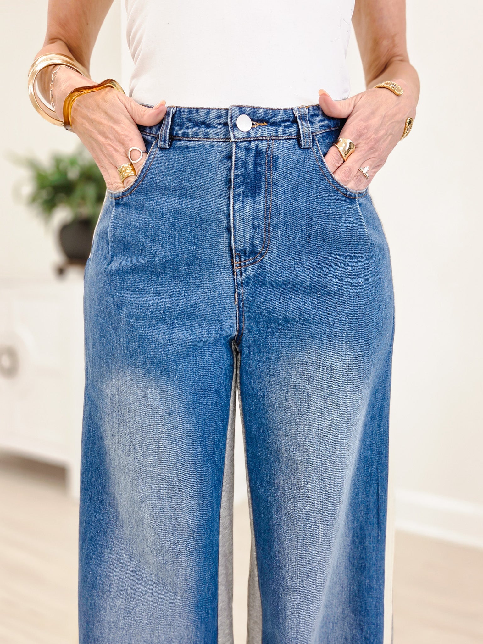 Wide Leg Mixed Fabrics Full Length Jean