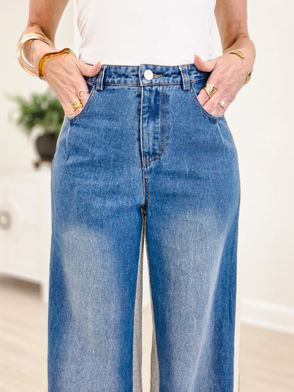 Wide Leg Mixed Fabrics Full Length Jean