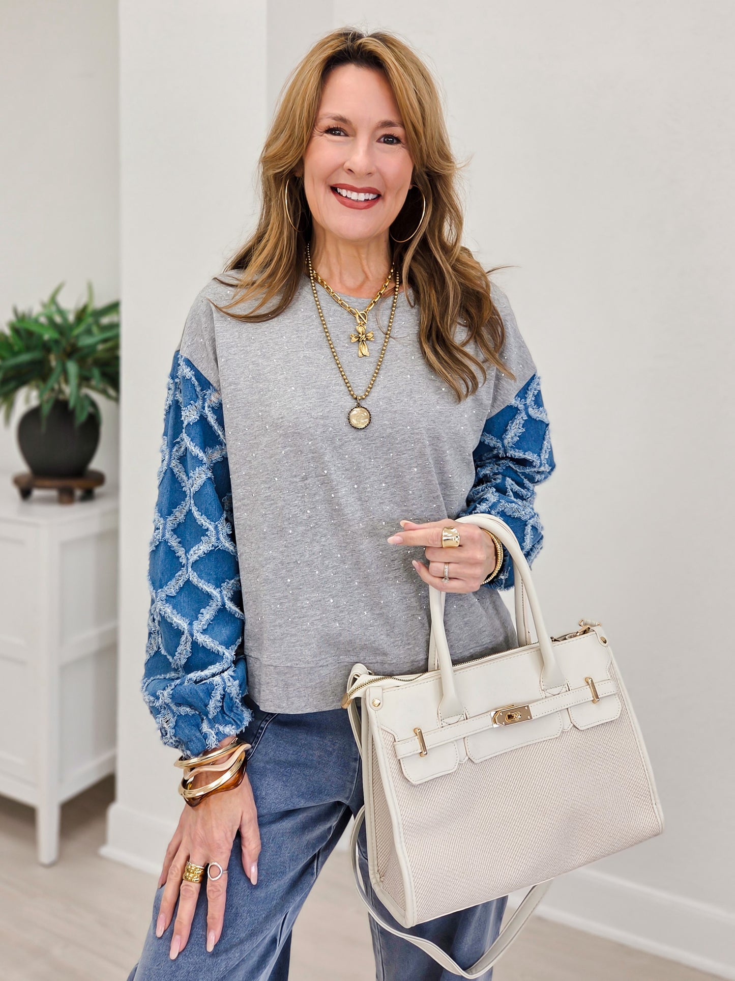 Lattice Textured Denim Long Sleeves Knit Top