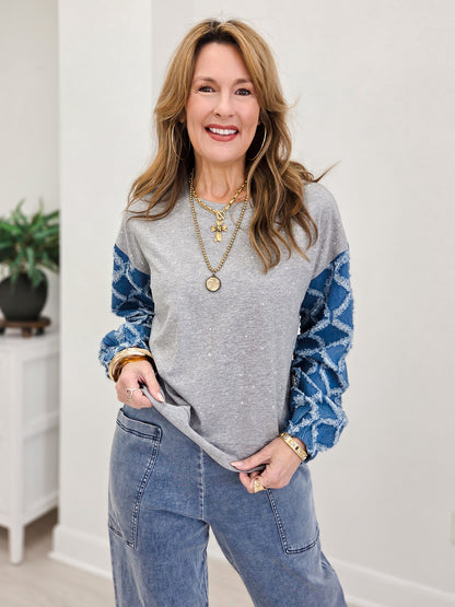Lattice Textured Denim Long Sleeves Knit Top