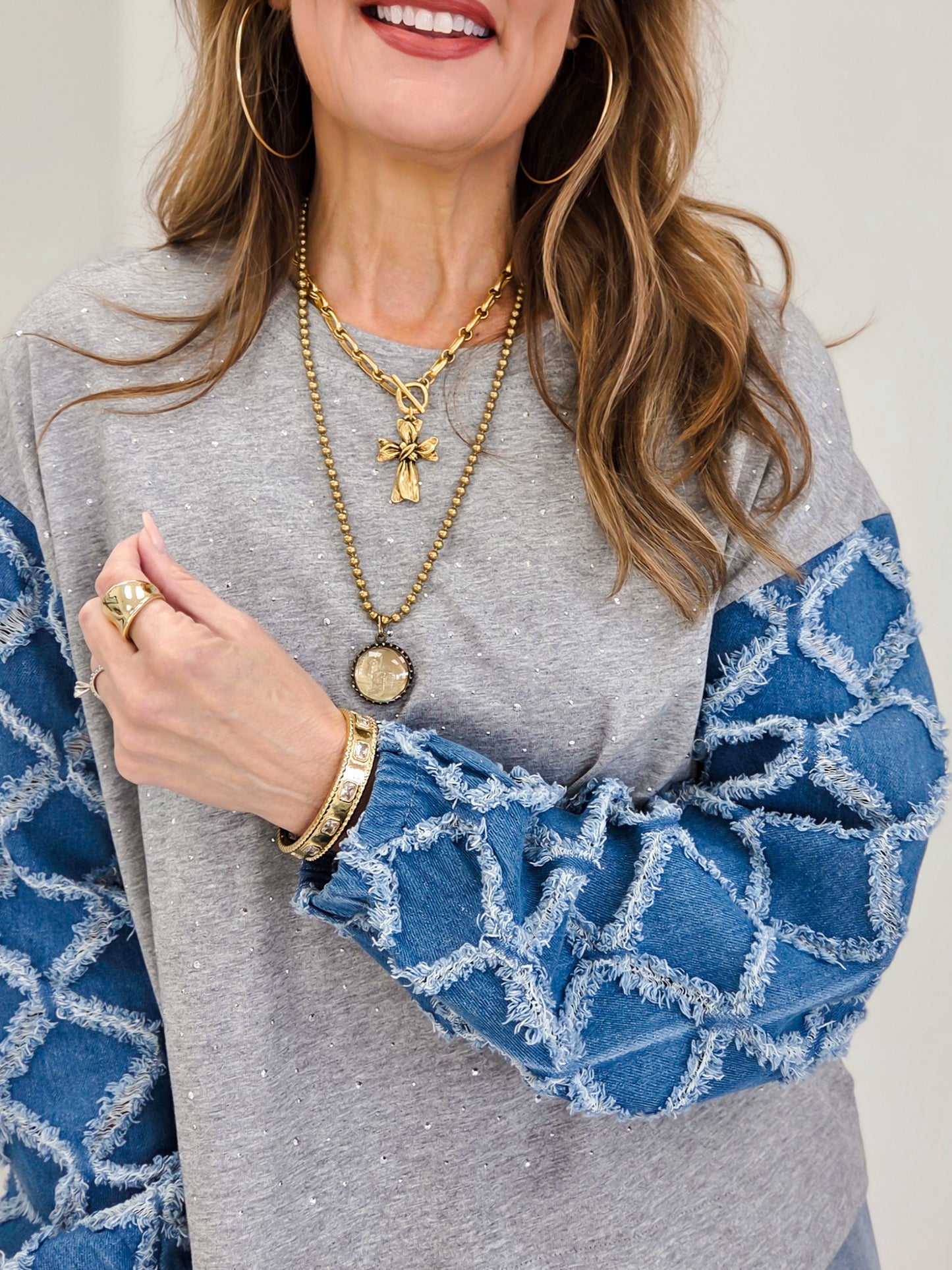 Lattice Textured Denim Long Sleeves Knit Top