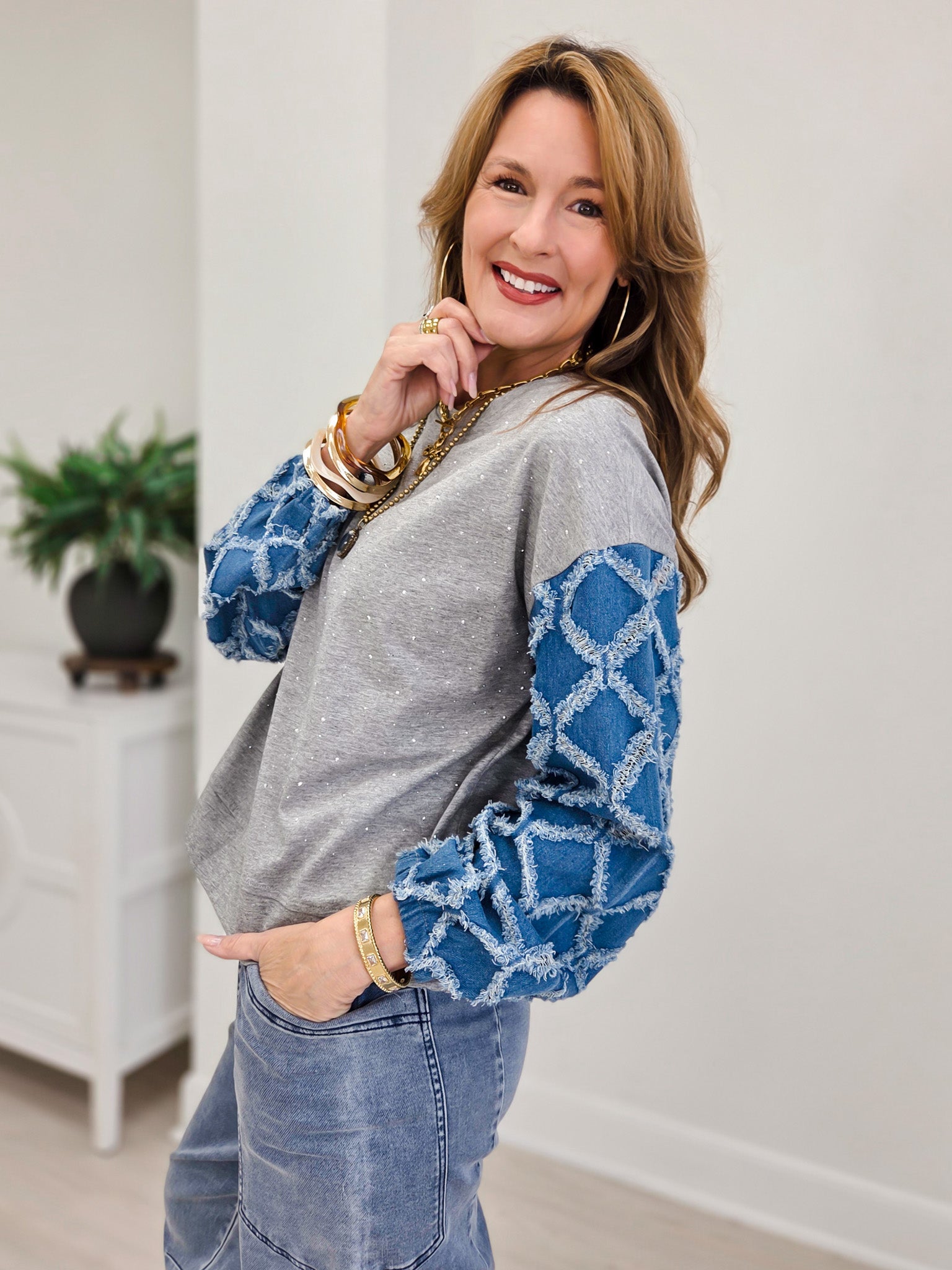 Lattice Textured Denim Long Sleeves Knit Top